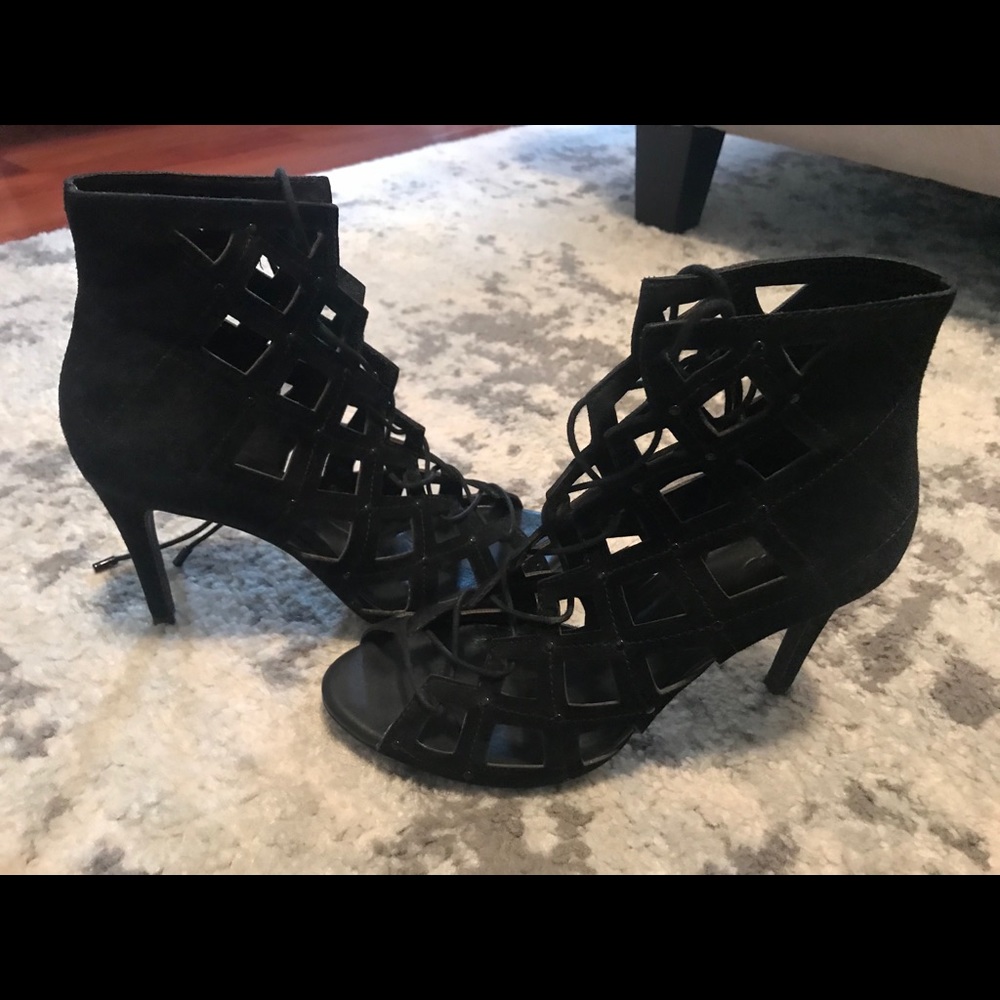 joie black caged heels